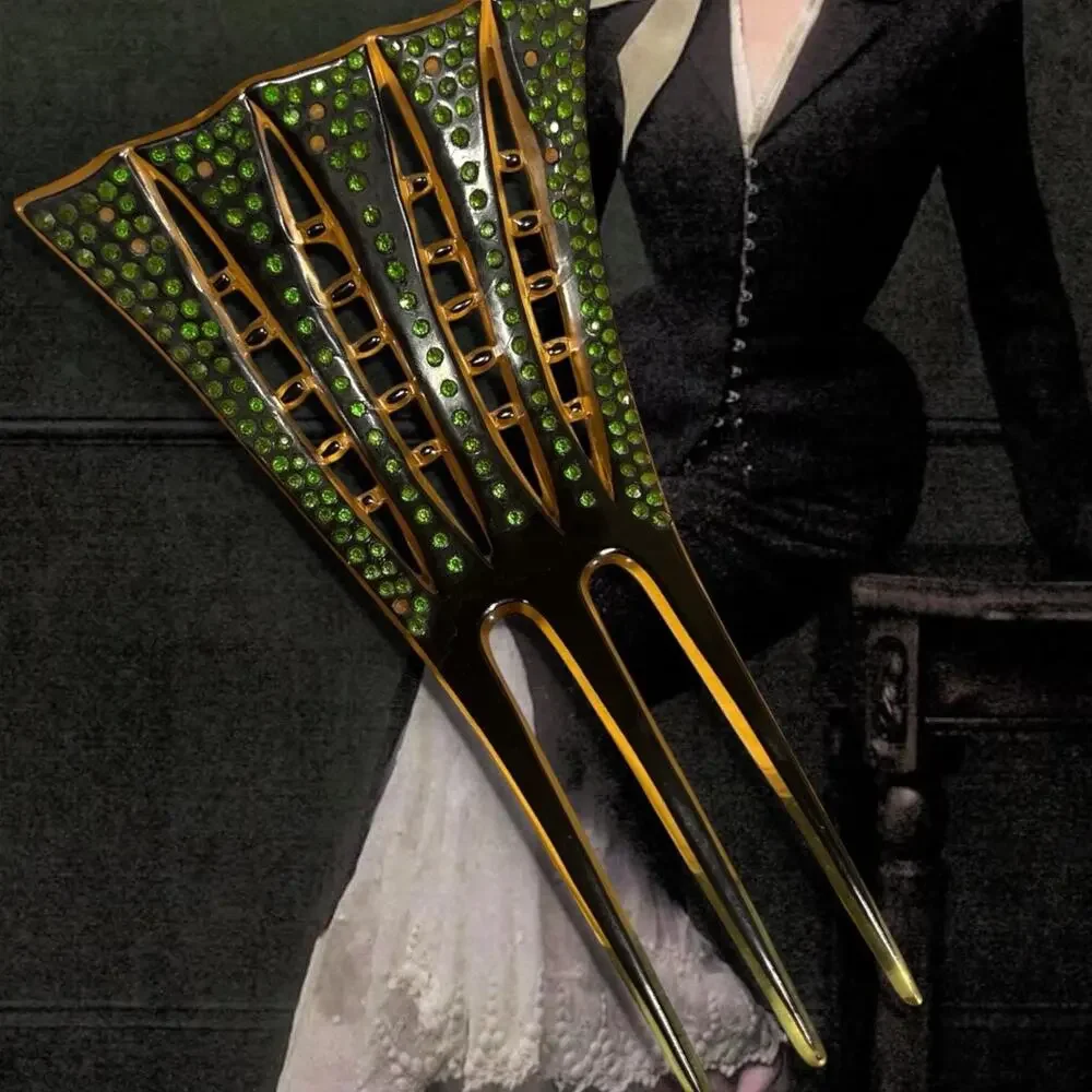 Art Deco Black Enamel & Green Rhinestone Hair Comb Decorative Hair Comb 1920-30s